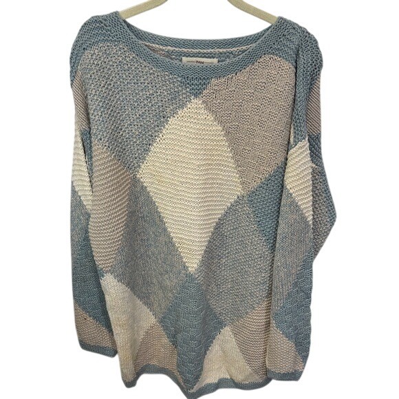 Oversized Knit Sweater Diamond Pattern Blue Beige Long Sleeve Pullover - Picture 1 of 4